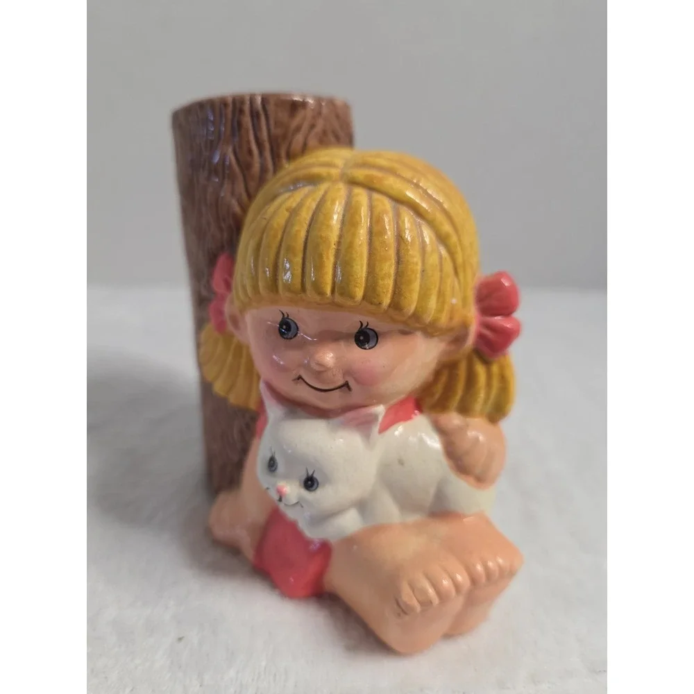Vintage  Girl with Cat Pencil Holder By  ‎ JSNY